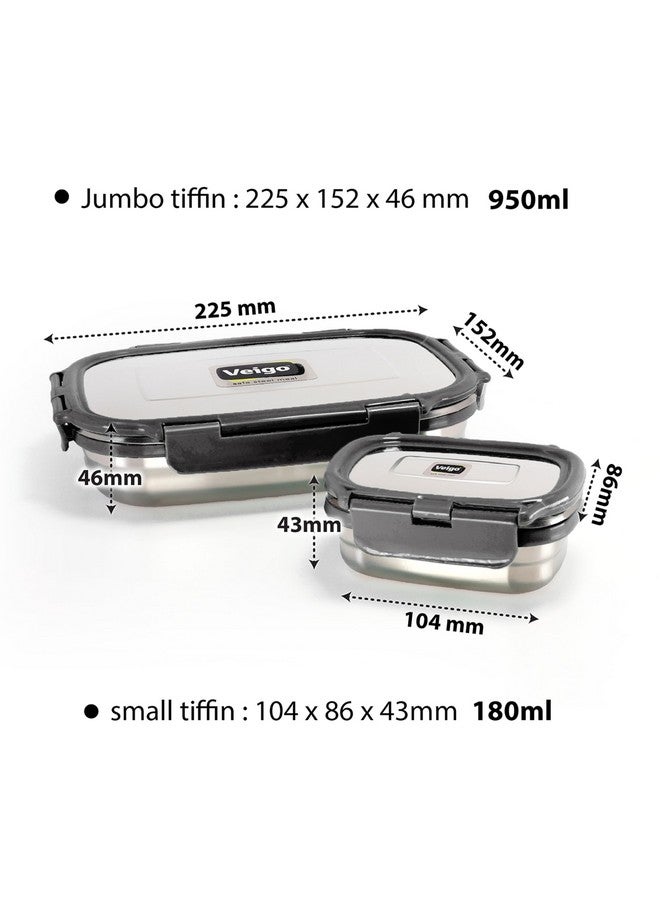 Veigo Steel Lunch Boxes for Office Men, Tiffin Box for Office Men, Lunch Box for Kids, Jumbo 950 ml, 180 ml Veg Box | Detachable Clips | Leakproof & Airtight | Durable Stainless Steel Lid | Black - Image 3