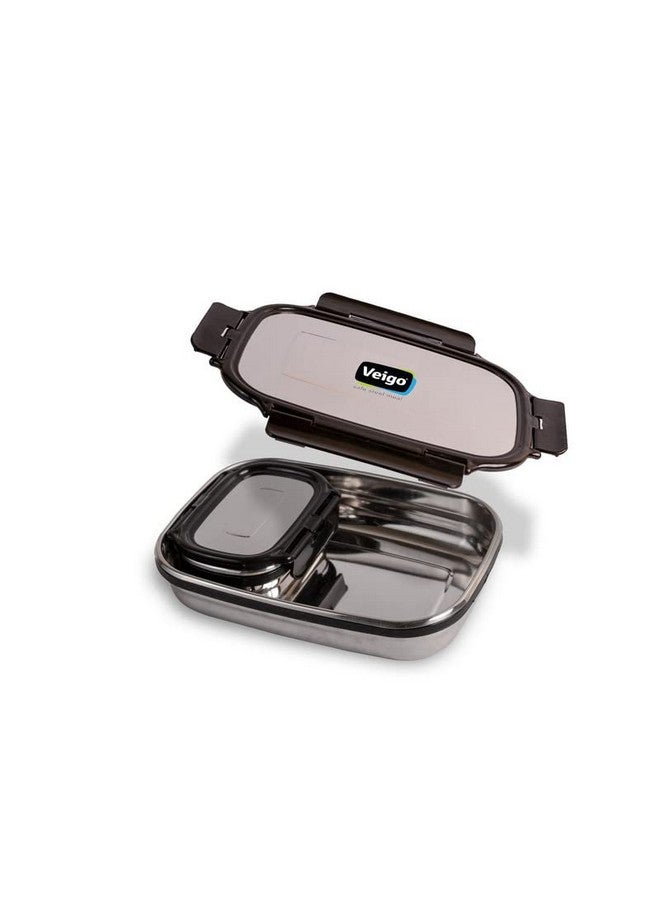 Veigo Steel Lunch Boxes for Office Men, Tiffin Box for Office Men, Lunch Box for Kids, Jumbo 950 ml, 180 ml Veg Box | Detachable Clips | Leakproof & Airtight | Durable Stainless Steel Lid | Black - Image 1