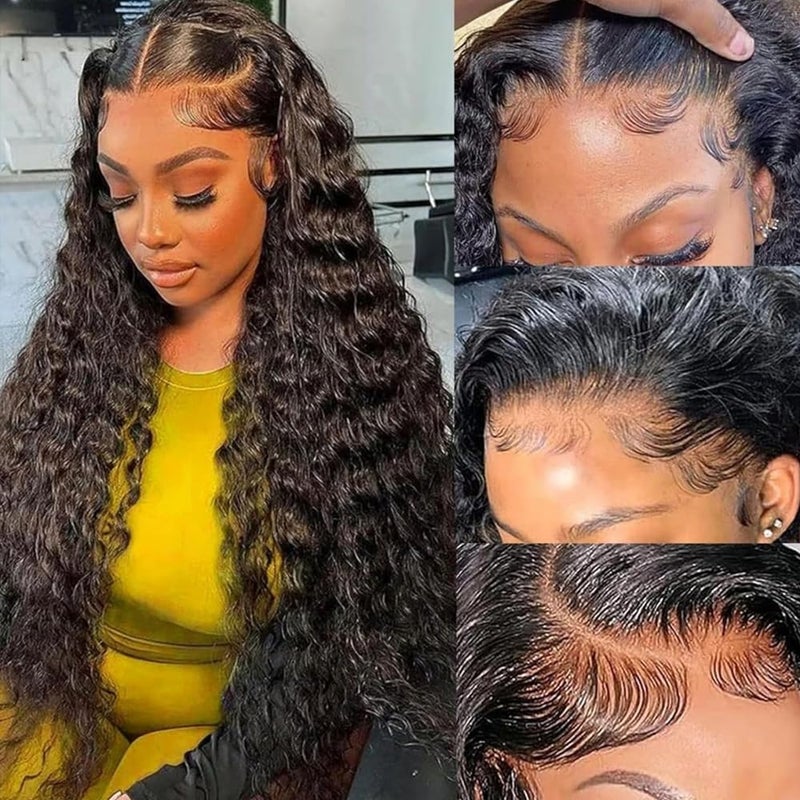 ANDRIA 13x4 Lace Front Wigs 200 Density Deep Wave Wig Black Curly Wig Pre-Plucked Glueless Lace Frontal Wigs Lace Front Wig with Baby Hair Heat Resistant Synthetic Hair Deep Curly Long Wigs 26 Inch - Image 2