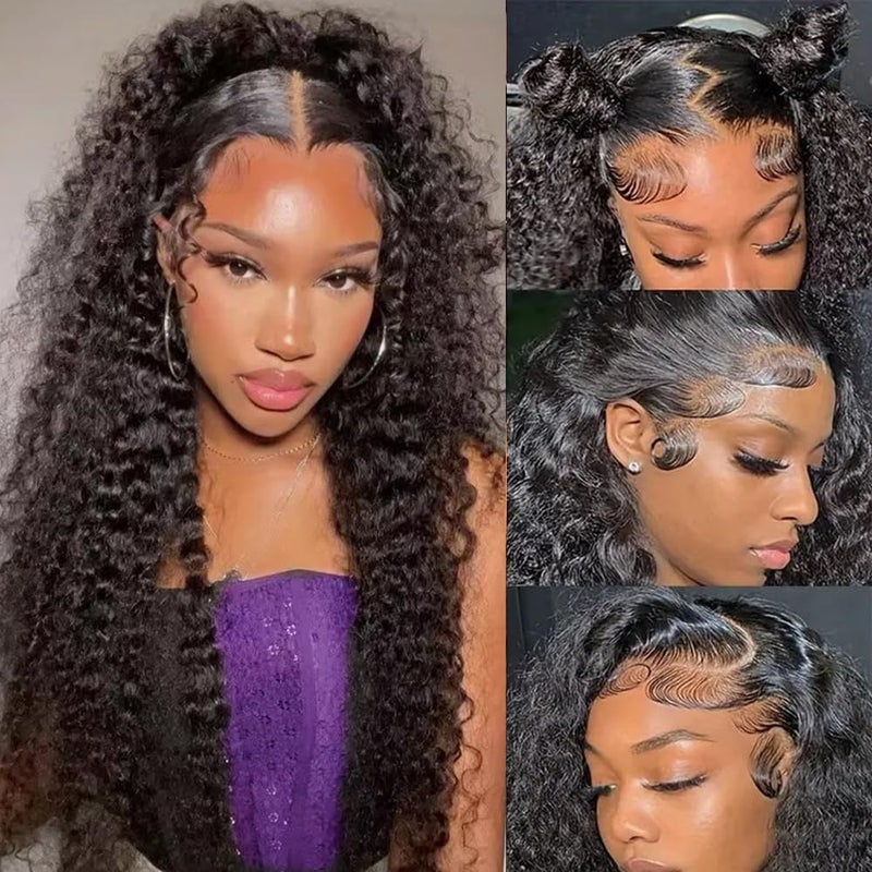 ANDRIA 13x4 Lace Front Wigs 200 Density Deep Wave Wig Black Curly Wig Pre-Plucked Glueless Lace Frontal Wigs Lace Front Wig with Baby Hair Heat Resistant Synthetic Hair Deep Curly Long Wigs 26 Inch - Image 1