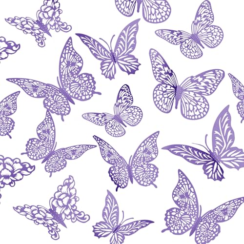 XUNXMAS 3D Butterfly Wall Decor 3 Sizes 4 Styles Butterfly Party Decorations Cake Decorations Removable Stickers Wall Decor Room Mural Metallic Kids (Purple, 48Pcs) - Image 1