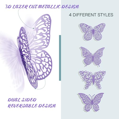 XUNXMAS 3D Butterfly Wall Decor 3 Sizes 4 Styles Butterfly Party Decorations Cake Decorations Removable Stickers Wall Decor Room Mural Metallic Kids (Purple, 48Pcs) - Image 3