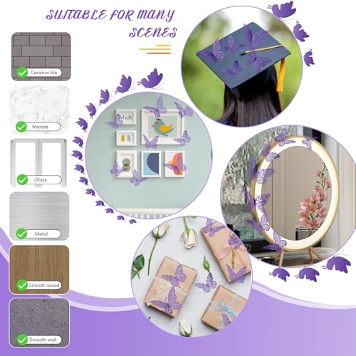 XUNXMAS 3D Butterfly Wall Decor 3 Sizes 4 Styles Butterfly Party Decorations Cake Decorations Removable Stickers Wall Decor Room Mural Metallic Kids (Purple, 48Pcs) - Image 5