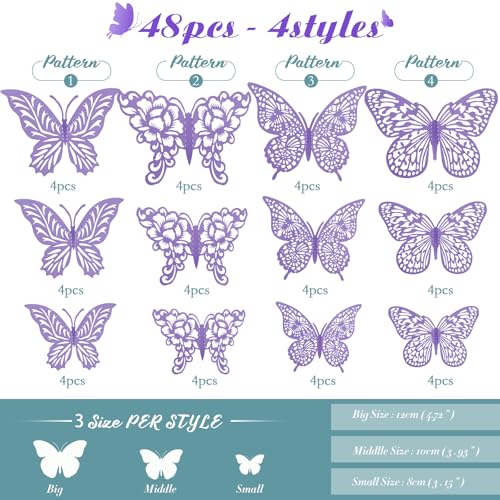 XUNXMAS 3D Butterfly Wall Decor 3 Sizes 4 Styles Butterfly Party Decorations Cake Decorations Removable Stickers Wall Decor Room Mural Metallic Kids (Purple, 48Pcs) - Image 2