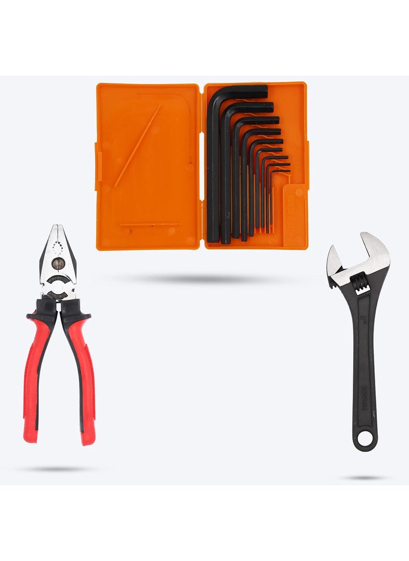 Hillgrove Hillgrove HGCM12M1 9 Pieces Full Hex Allen Key Kit with 8Inch Adjustable Wrench And Combinational Plier Bolt Spanner Goti Wrench L Shape Repair Tool Set for BikeBicycleCycleGuitar Allen Key Set  - Image 1