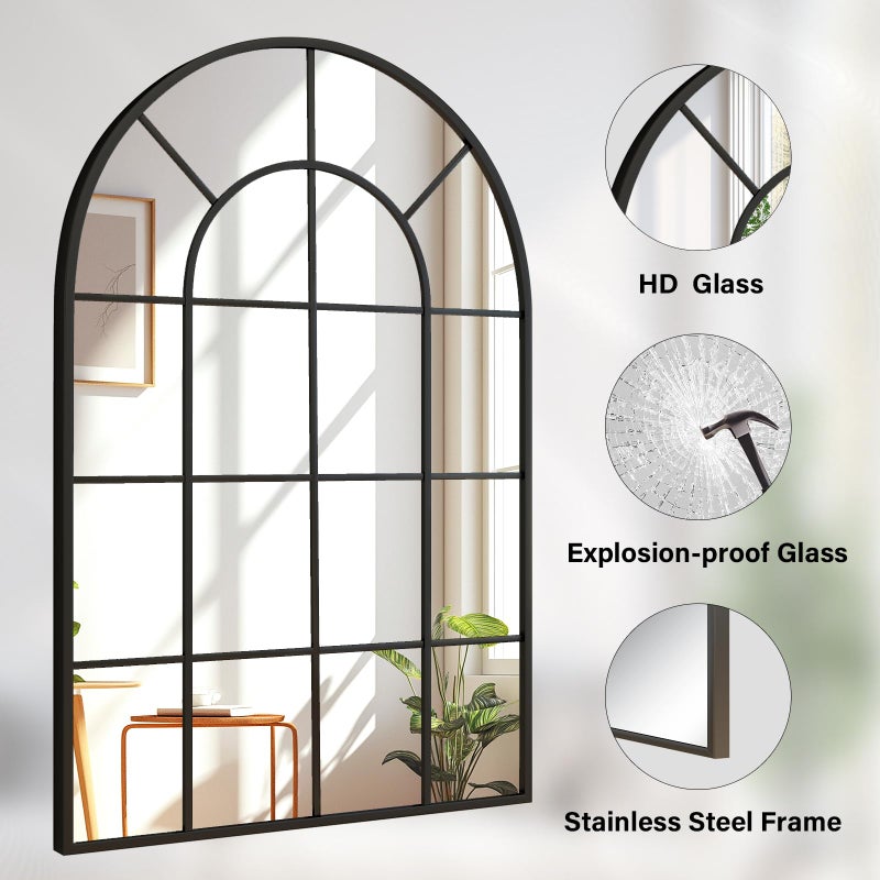 Riskioir 24"Ã—36" Windowpane Arched Wall Mirror, Grid-Designed Decorative Farmhouse Wall Mounted Mirror with Metal Frame Hanging Leaning for Entryway, Living Room, Home Decor, Black - Image 4