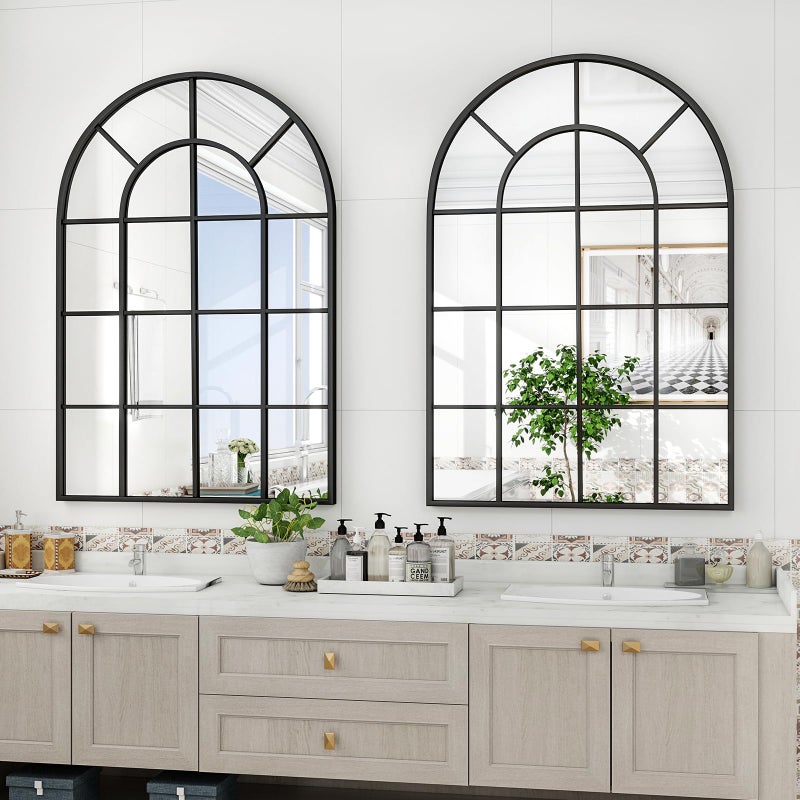 Riskioir 24"Ã—36" Windowpane Arched Wall Mirror, Grid-Designed Decorative Farmhouse Wall Mounted Mirror with Metal Frame Hanging Leaning for Entryway, Living Room, Home Decor, Black - Image 2