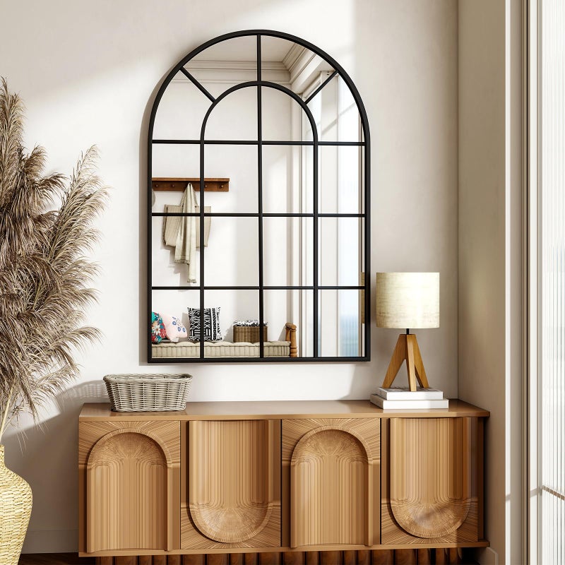 Riskioir 24"Ã—36" Windowpane Arched Wall Mirror, Grid-Designed Decorative Farmhouse Wall Mounted Mirror with Metal Frame Hanging Leaning for Entryway, Living Room, Home Decor, Black - Image 5