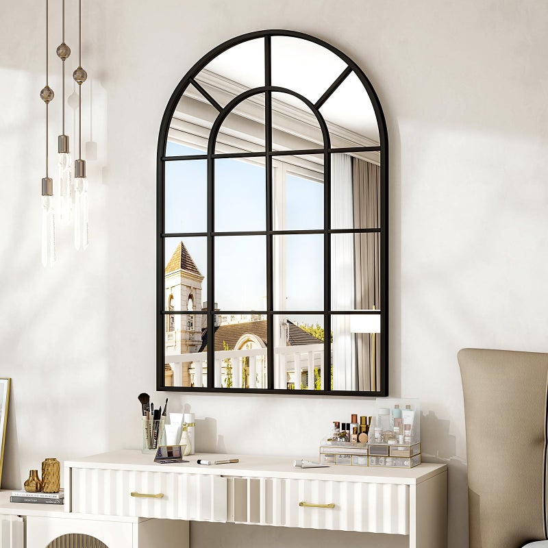 Riskioir 24"Ã—36" Windowpane Arched Wall Mirror, Grid-Designed Decorative Farmhouse Wall Mounted Mirror with Metal Frame Hanging Leaning for Entryway, Living Room, Home Decor, Black - Image 1