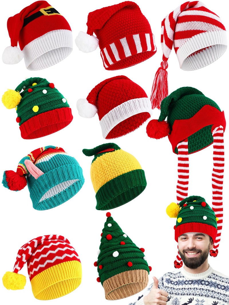Liitrsh 10 Pcs Unisex Santa Hats Knitted Xmas Pom Pom Elf Hats for Women Men Winter Party New Year Holiday Favors
