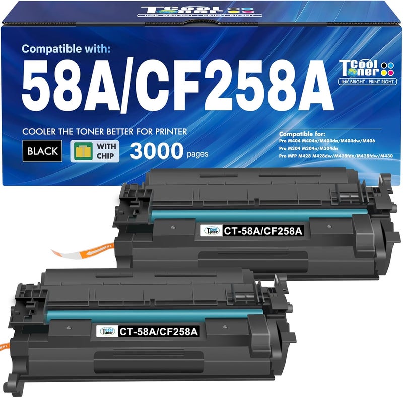 كول تونر خرطوشة حبر CF258A 58A سوداء M404n متوافقة مع HP 58A CF258A 58X CF258X لطابعات HP LaserJet Pro M404n M404dn M404dw M404 MFP M428fdw M428fdn M428dw عالية الإنتاجية عبوة 2 مع شريحة - Image 1