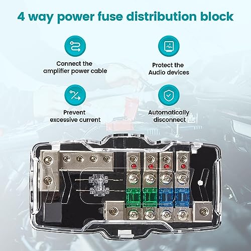 NuIth Car Audio Power Distribution Block 0/4 Gauge Input 4/8 Gauge Output, 4 Way Mini ANL Fuse Block 12V with Ground, 2 Way in 4 Way Out Fused Distribution Block with Red LED Indicator - Image 3