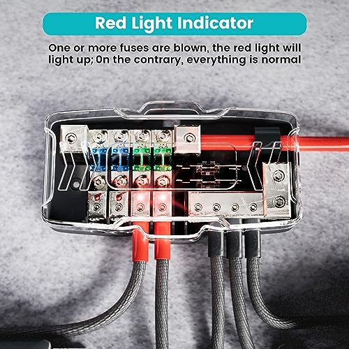 NuIth Car Audio Power Distribution Block 0/4 Gauge Input 4/8 Gauge Output, 4 Way Mini ANL Fuse Block 12V with Ground, 2 Way in 4 Way Out Fused Distribution Block with Red LED Indicator - Image 2