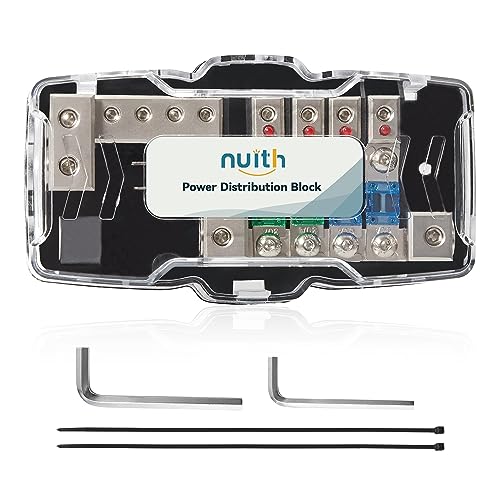 NuIth Car Audio Power Distribution Block 0/4 Gauge Input 4/8 Gauge Output, 4 Way Mini ANL Fuse Block 12V with Ground, 2 Way in 4 Way Out Fused Distribution Block with Red LED Indicator - Image 1