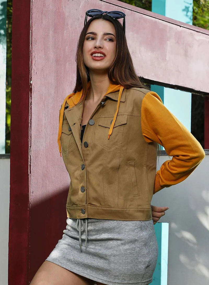 Women's Khaki Brown & Mustard Yellow Dark-Wash Block Denim Jacket