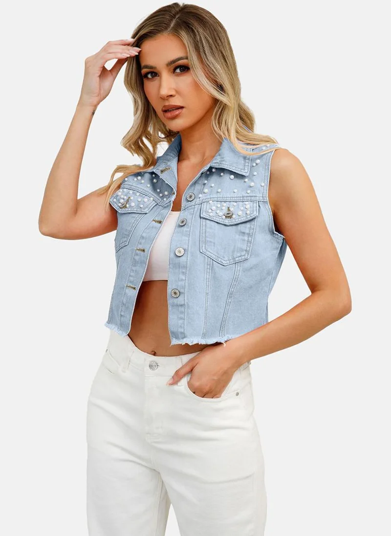 يونيكي Blue Spread Collar Sleeveless Denim Jackets