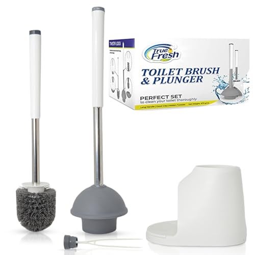 True Fresh Toilet Brush and Plunger Set with Holder Caddy Stainless Steel Brush and Toilet Plunger for Heavy Duty 2in1 Scrubber Combo with Hidden Tweezer Extendable Plastic Handle