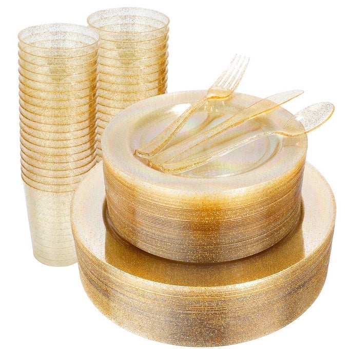 300PCS GOLD GLITTER PLASTIC PLATES GOLD PLASTIC DINNERWARE INCLUDES 50 DINNER AND 50 DESSERT PLATES 150 CUTLERY 50 CUPS FOR PARTY