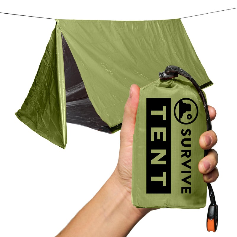 SURVIVE Survival Tent with Doors, 2 Person Mylar Emergency Camping Hiking Shelter for Survival Kits, All Weather Thermal Protection, Includes 22 ft of Paracord and Whistle (Green) - Image 1