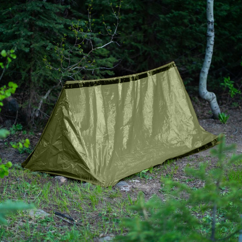 SURVIVE Survival Tent with Doors, 2 Person Mylar Emergency Camping Hiking Shelter for Survival Kits, All Weather Thermal Protection, Includes 22 ft of Paracord and Whistle (Green) - Image 2