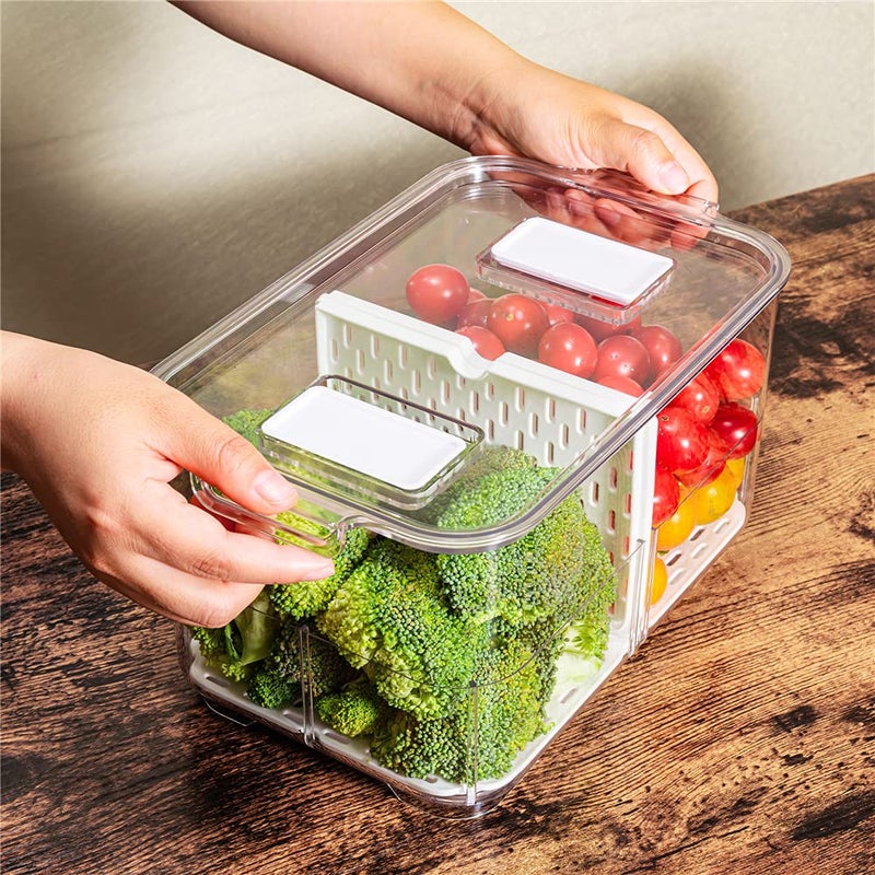 Slideep 11'' Large Food Storage Containers  Fridge Produce Saver 2 Tier Stackable Refrigerator Organizer with Lids and Removable Drain Tray Drawers Bins Baskets for Kitchen - Image 1
