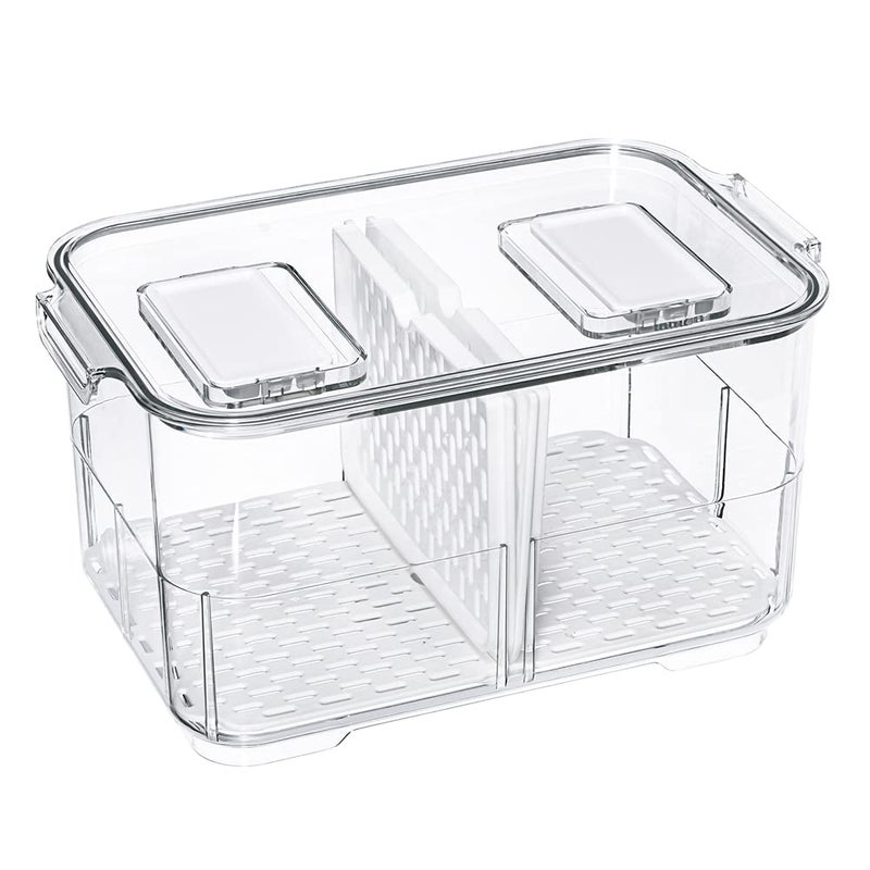 Slideep 11'' Large Food Storage Containers  Fridge Produce Saver 2 Tier Stackable Refrigerator Organizer with Lids and Removable Drain Tray Drawers Bins Baskets for Kitchen - Image 3