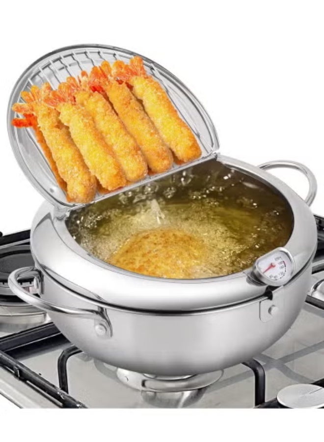 Deep Fryer Pot, Japanese Tempura Deep Fryer Stainless Steel Frying Pot With Thermometer 2.2L, Small household fryer, 29*14cm