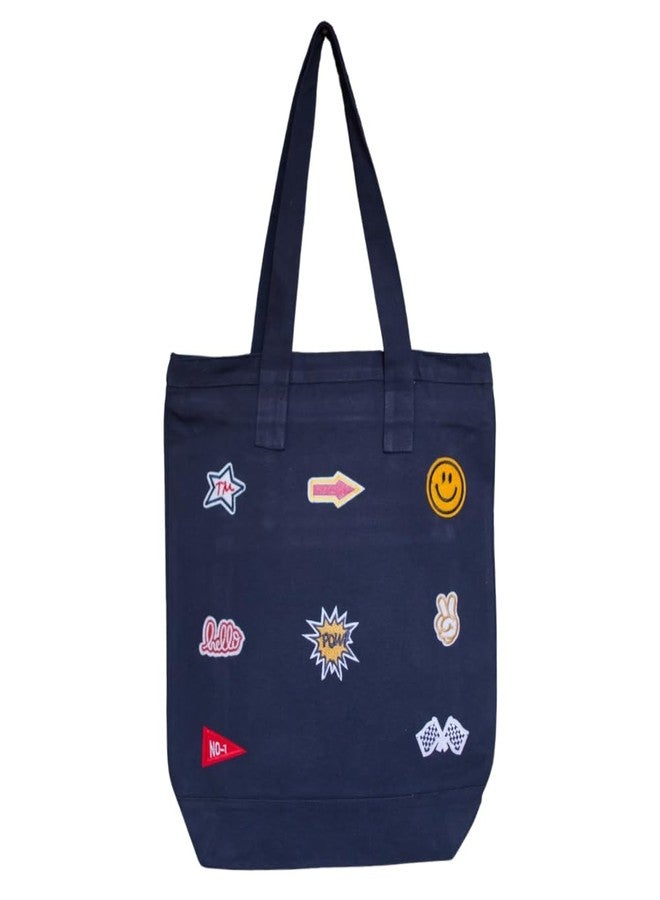 Roundsun Canvas Tote Bag with Fun Patches | Casual Shopping Shoulder Bag | Olive | Black | Navy | White | Main Zip Closure | Outside Pocket with Zip Closure | Eco Friendly (3.Navy) - Image 1