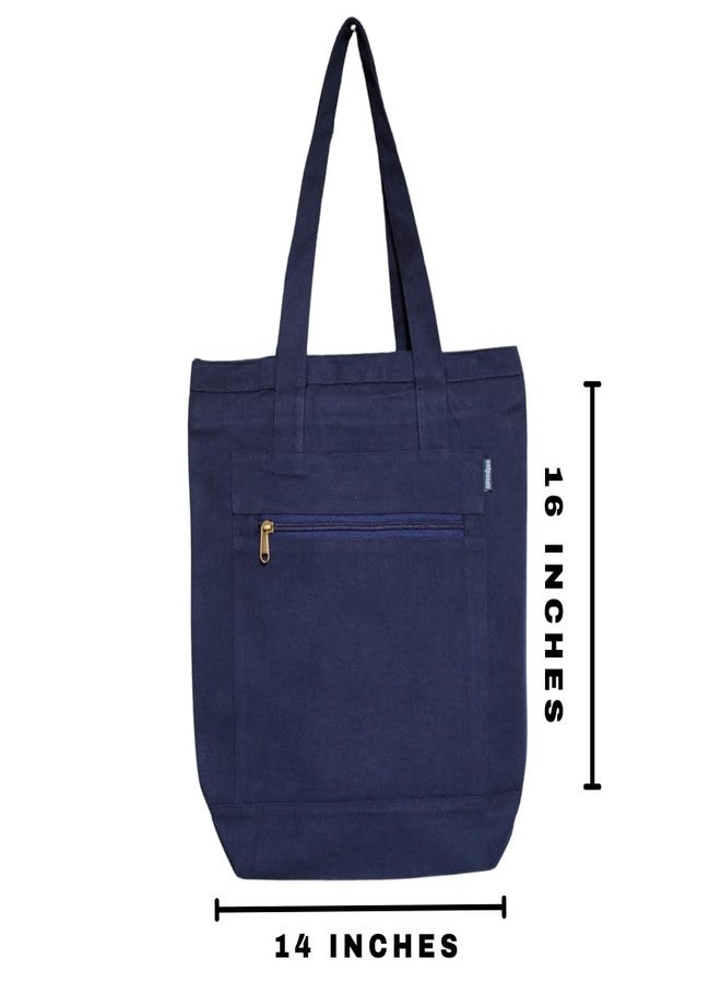 Roundsun Canvas Tote Bag with Fun Patches | Casual Shopping Shoulder Bag | Olive | Black | Navy | White | Main Zip Closure | Outside Pocket with Zip Closure | Eco Friendly (3.Navy) - Image 3