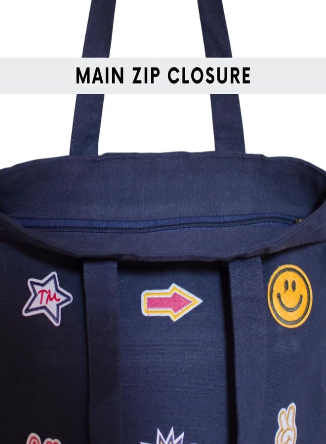 Roundsun Canvas Tote Bag with Fun Patches | Casual Shopping Shoulder Bag | Olive | Black | Navy | White | Main Zip Closure | Outside Pocket with Zip Closure | Eco Friendly (3.Navy) - Image 5
