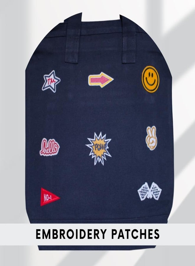 Roundsun Canvas Tote Bag with Fun Patches | Casual Shopping Shoulder Bag | Olive | Black | Navy | White | Main Zip Closure | Outside Pocket with Zip Closure | Eco Friendly (3.Navy) - Image 4