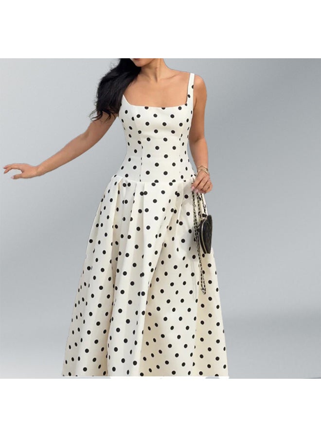 European And American Women's Wear Spring New Arrival French Elegant Polka Dot Strappy Flared Dress