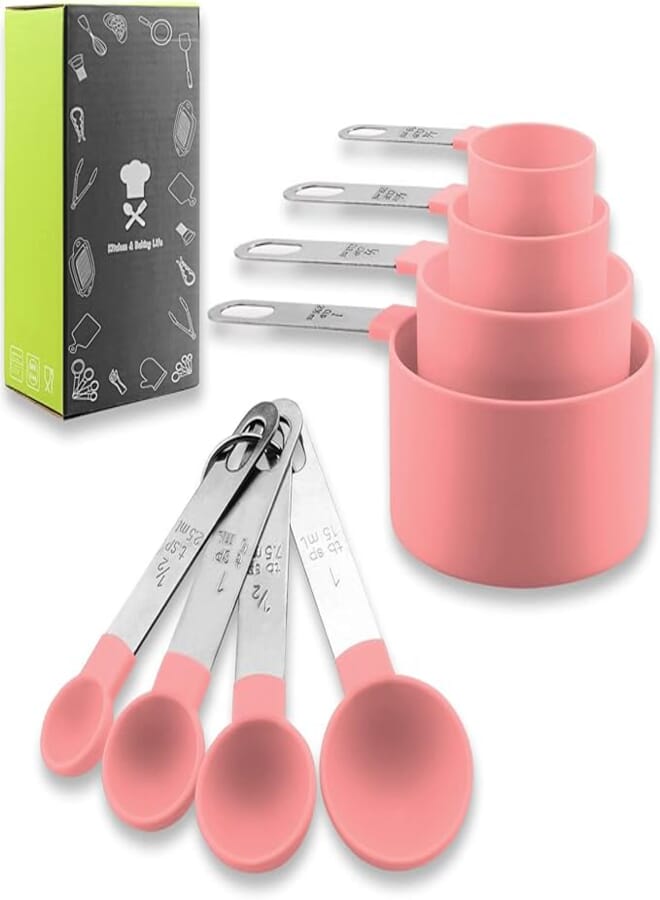 SoSickWithIt Measuring Cups and Spoons Set, 8 Pieces Measuring Cups and Measuring Spoons with Stackable Stainless Steel Handle Measure Dry or Liquid Ingredients Measuring Set for Kitchen Cooking and Baking (Pink)