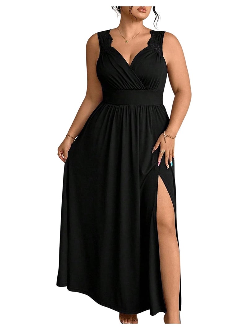 OYOANGLE Women's Plus Size Lace Trim Sleeveless Maxi Dress Wrap V Neck High Slit Formal Evening Dresses Black X-Large Plus - Image 1