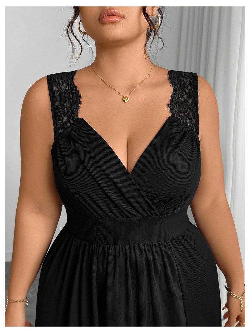 OYOANGLE Women's Plus Size Lace Trim Sleeveless Maxi Dress Wrap V Neck High Slit Formal Evening Dresses Black X-Large Plus - Image 5