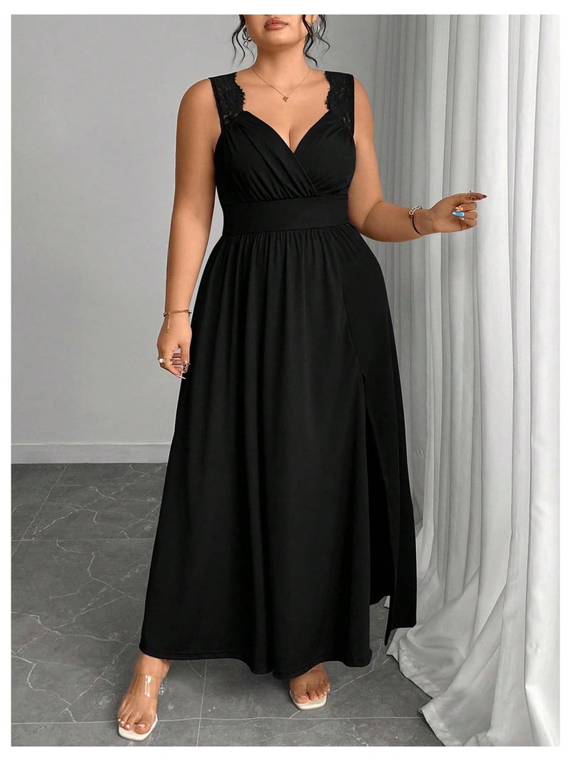OYOANGLE Women's Plus Size Lace Trim Sleeveless Maxi Dress Wrap V Neck High Slit Formal Evening Dresses Black X-Large Plus - Image 4