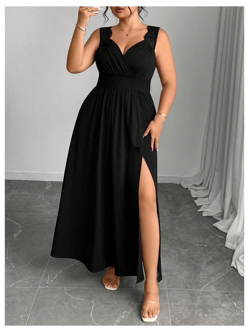 OYOANGLE Women's Plus Size Lace Trim Sleeveless Maxi Dress Wrap V Neck High Slit Formal Evening Dresses Black X-Large Plus - Image 3
