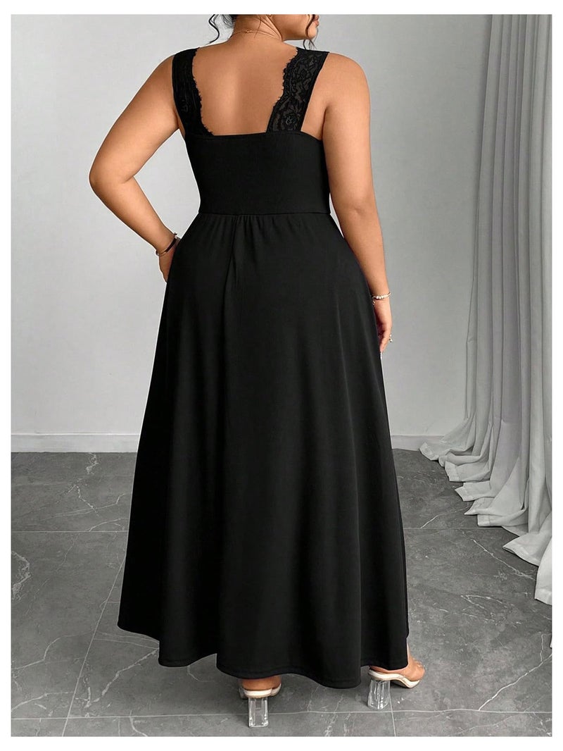 OYOANGLE Women's Plus Size Lace Trim Sleeveless Maxi Dress Wrap V Neck High Slit Formal Evening Dresses Black X-Large Plus - Image 2