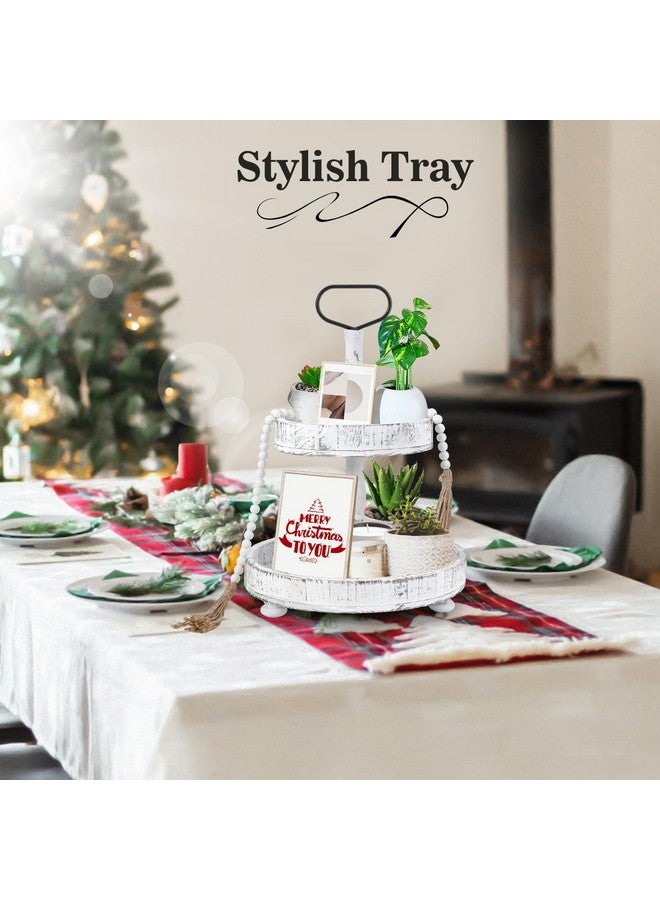 لوكس سبير حامل صينية من لوكسباير، صينية مزخرفة من طبقتين مع إكليل من الخرز الخشبي، صينية مزخرفة على طراز المزرعة، صينية تقديم من طبقتين لجزيرة مطبخ بار القهوة، ديكور عيد الميلاد، أبيض ريفي - Image 5