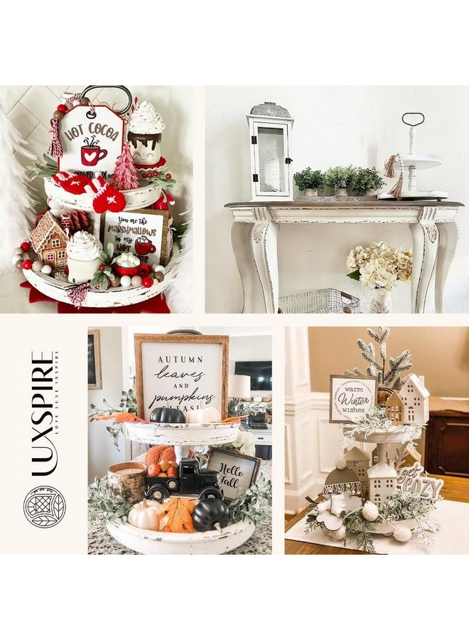 لوكس سبير حامل صينية من لوكسباير، صينية مزخرفة من طبقتين مع إكليل من الخرز الخشبي، صينية مزخرفة على طراز المزرعة، صينية تقديم من طبقتين لجزيرة مطبخ بار القهوة، ديكور عيد الميلاد، أبيض ريفي - Image 3