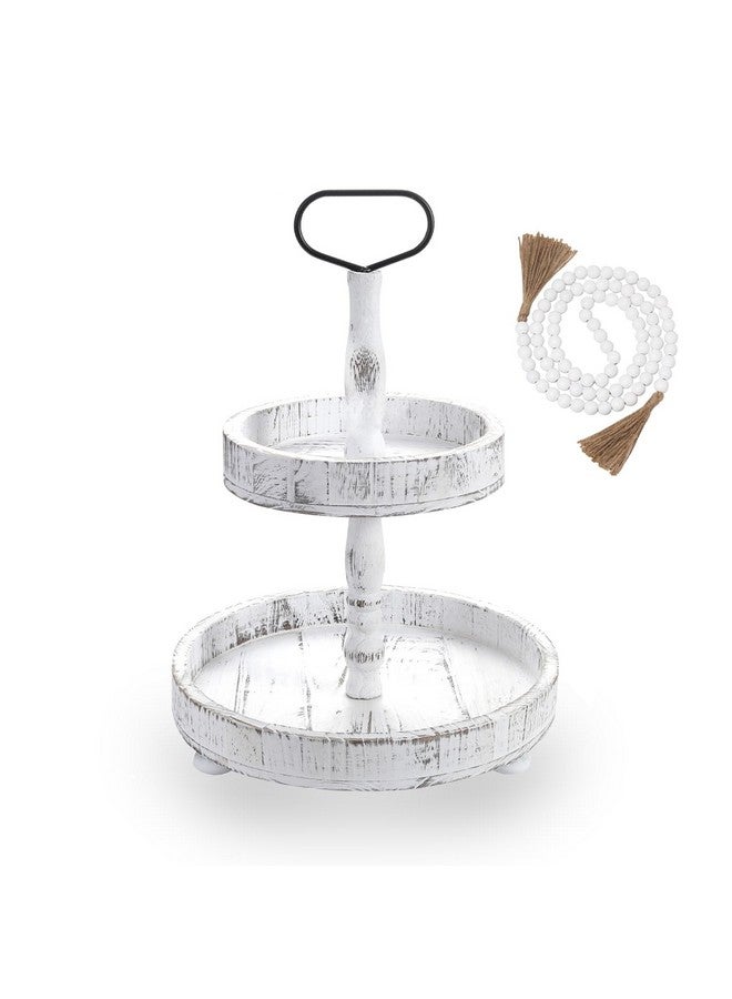 لوكس سبير حامل صينية من لوكسباير، صينية مزخرفة من طبقتين مع إكليل من الخرز الخشبي، صينية مزخرفة على طراز المزرعة، صينية تقديم من طبقتين لجزيرة مطبخ بار القهوة، ديكور عيد الميلاد، أبيض ريفي - Image 1