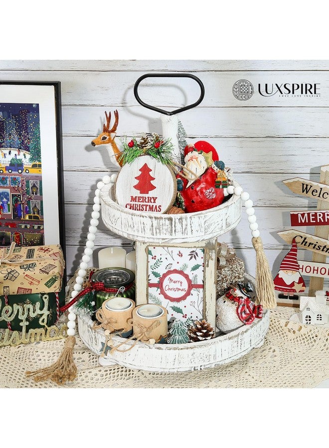 لوكس سبير حامل صينية من لوكسباير، صينية مزخرفة من طبقتين مع إكليل من الخرز الخشبي، صينية مزخرفة على طراز المزرعة، صينية تقديم من طبقتين لجزيرة مطبخ بار القهوة، ديكور عيد الميلاد، أبيض ريفي - Image 4