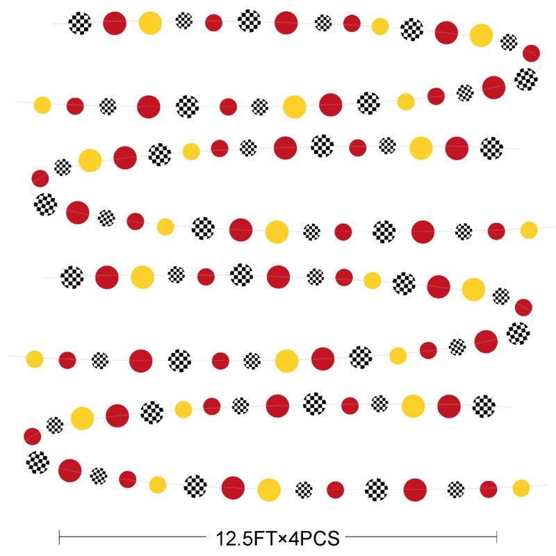 بينك بلوم زينة حفلات سيارة السباق ، دائرة حمراء صفراء مع نقاط البولكا المطبوعة المطبوعة غارلاند لافتة لاعب للأطفال - Image 2