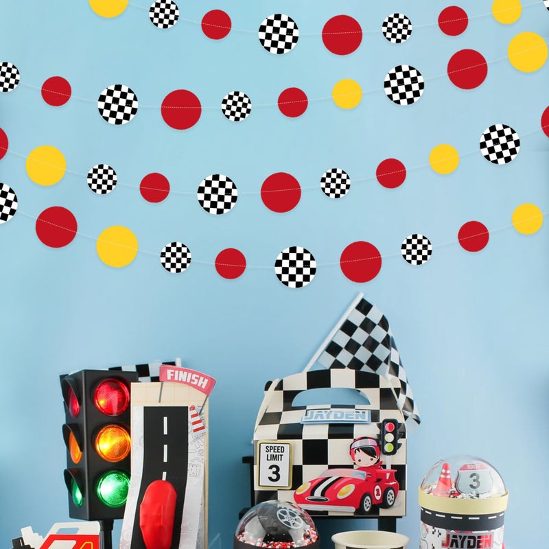 بينك بلوم زينة حفلات سيارة السباق ، دائرة حمراء صفراء مع نقاط البولكا المطبوعة المطبوعة غارلاند لافتة لاعب للأطفال - Image 5