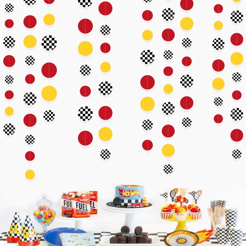 بينك بلوم زينة حفلات سيارة السباق ، دائرة حمراء صفراء مع نقاط البولكا المطبوعة المطبوعة غارلاند لافتة لاعب للأطفال - Image 1