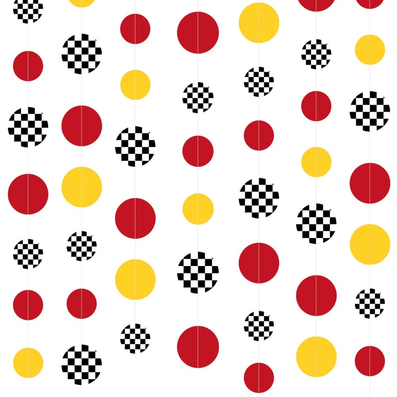 بينك بلوم زينة حفلات سيارة السباق ، دائرة حمراء صفراء مع نقاط البولكا المطبوعة المطبوعة غارلاند لافتة لاعب للأطفال - Image 3