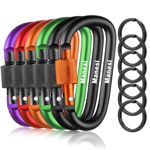 Manesi 6 Pack Aluminum D Ring Key Rings Hiking Clips Locking Carabiner for Hiking Camping Fishing and Outdoor Use，Clips with Screw Gate Multicolored (6 Color) - Image 1