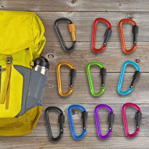 Manesi 6 Pack Aluminum D Ring Key Rings Hiking Clips Locking Carabiner for Hiking Camping Fishing and Outdoor Use，Clips with Screw Gate Multicolored (6 Color) - Image 4