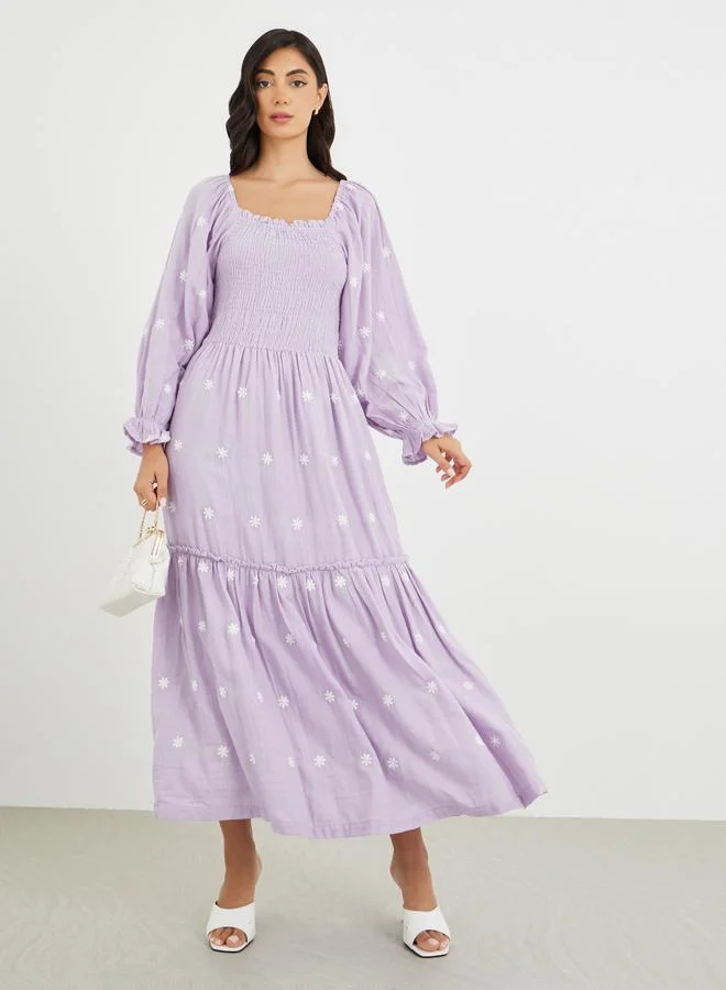 Styli Styli Floral Embroidered Smocked A-Line Midi Dress
