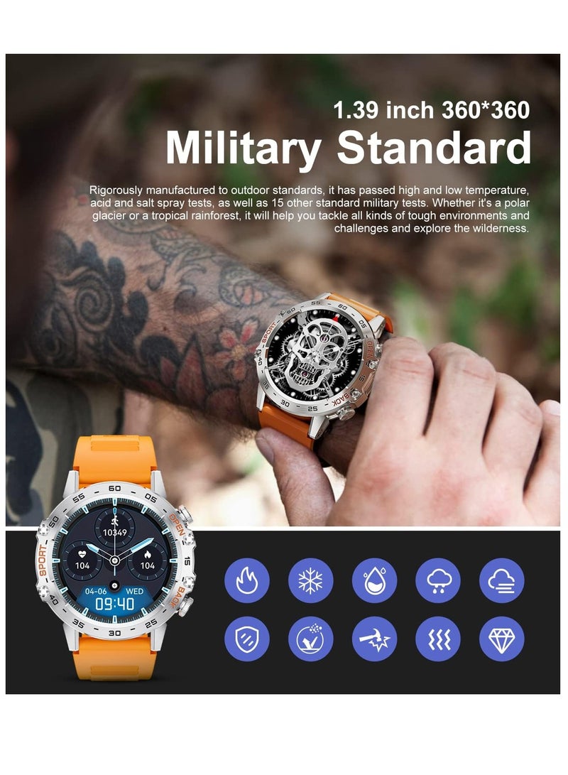 Military Smart Watch for Men(Answer/Dial Calls),100 Sports Modes, 5ATM Waterproof,1.39''HD Touchscreen Fitness Watch,with Heart Rate/Blood Pressure/SpO2 for Android/iOS Smart Watch Orange Silicone - Image 2
